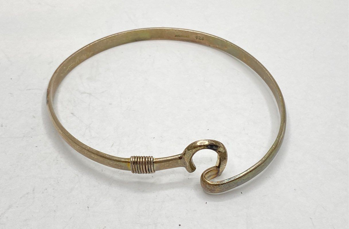 Sterling Silver 925 Hook and Eye Bangle Bracelet Wrapped Wire Detail 7″ 16.3g