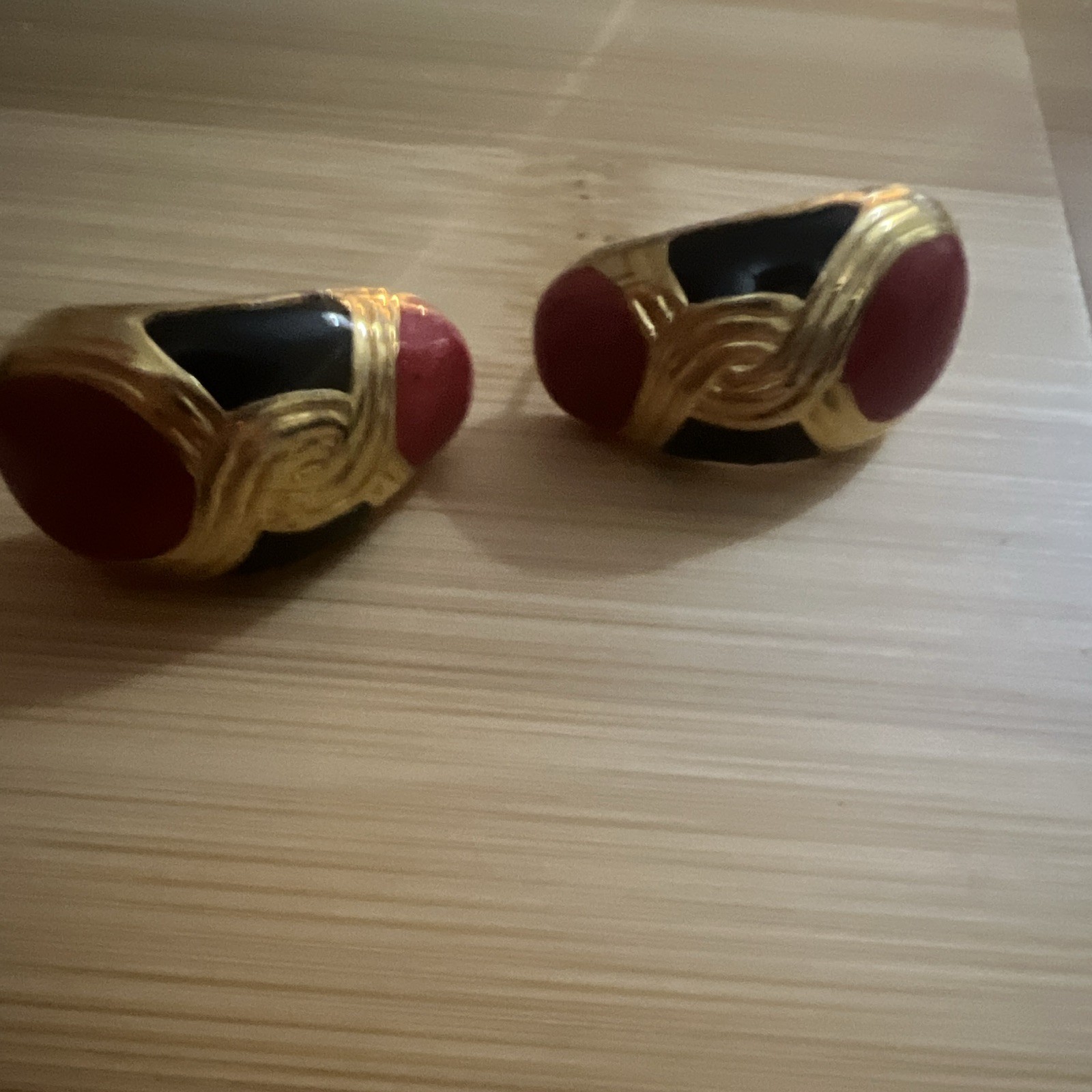 Gold Tone Red & Black Oval Stud Earrings, Bezel Set, Butterfly Back