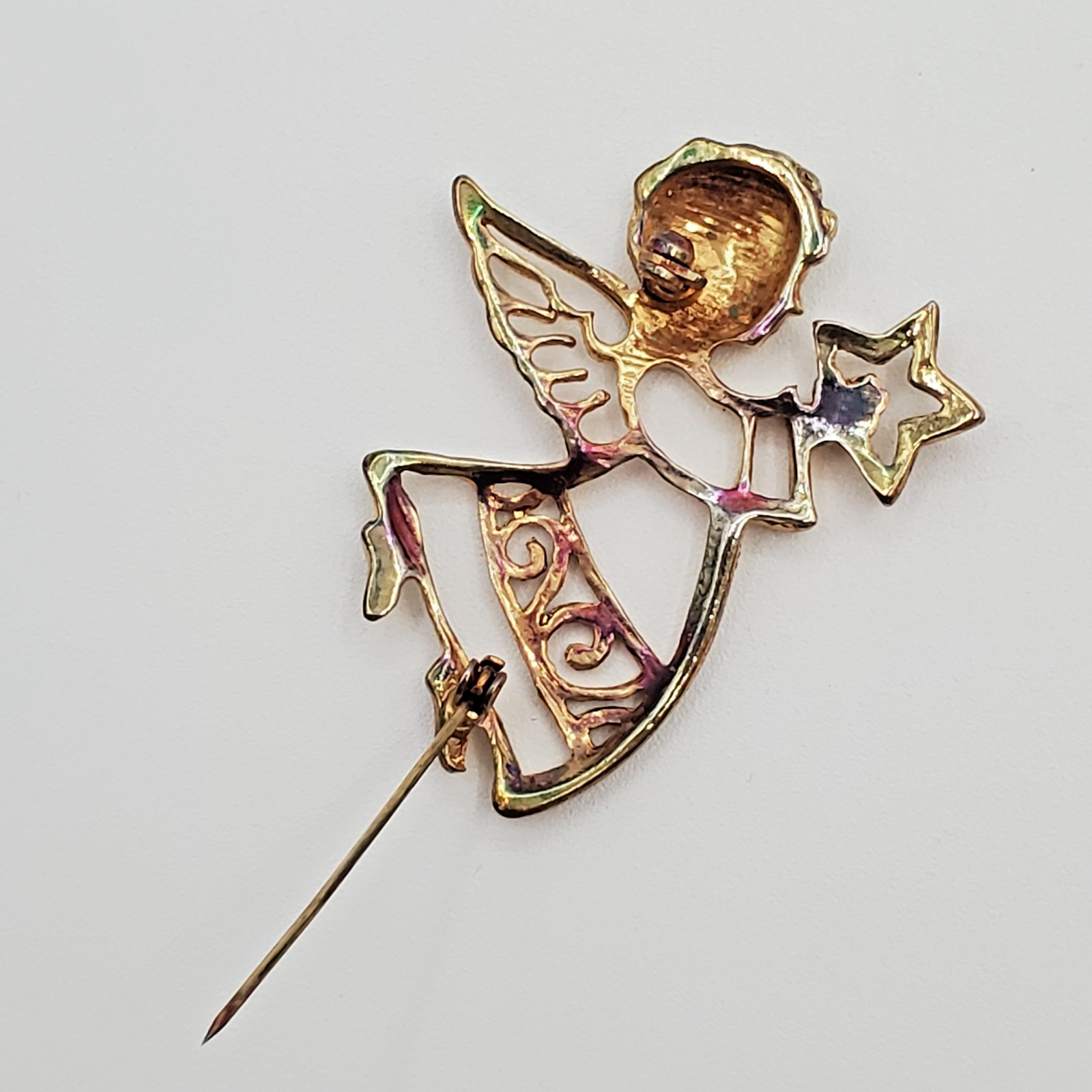VTG Angel Brooch 2in Gold Tone Angel Star Celestial Open Work Cutout Estate Pin