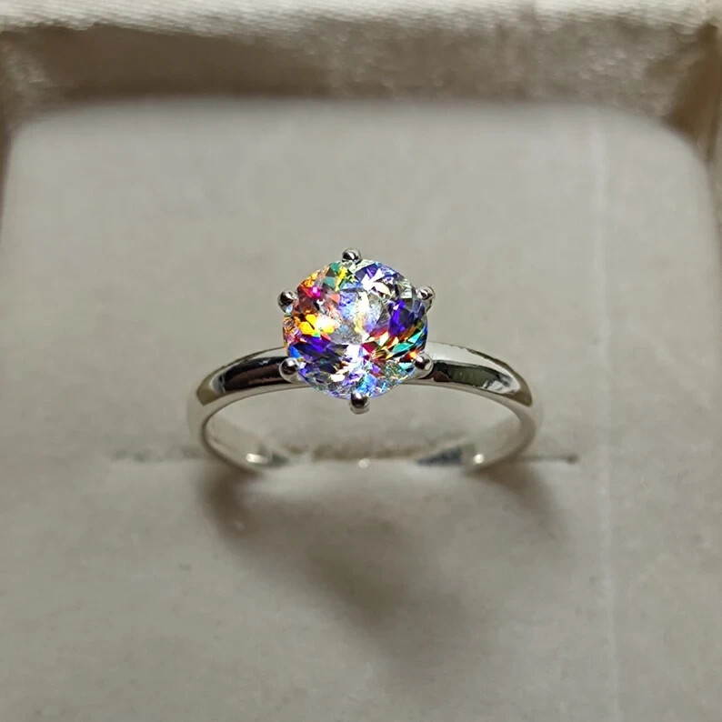 Mystic Topaz Ring, Portuguese Cut, 10MM 925 Sterling Silver Ring, Solitaire Ring