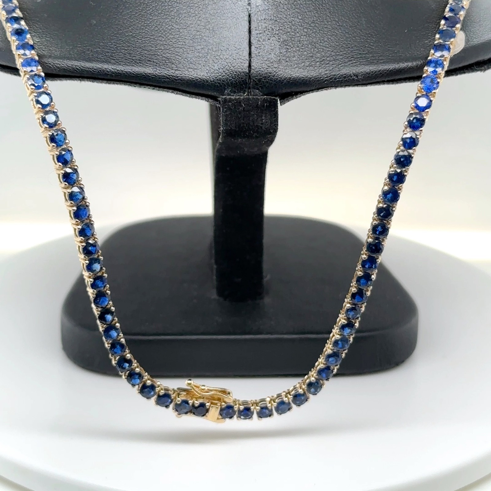 14K Yellow Gold 17″ Full Eternity Round Blue Sapphire Tennis Necklace 28.85ctw