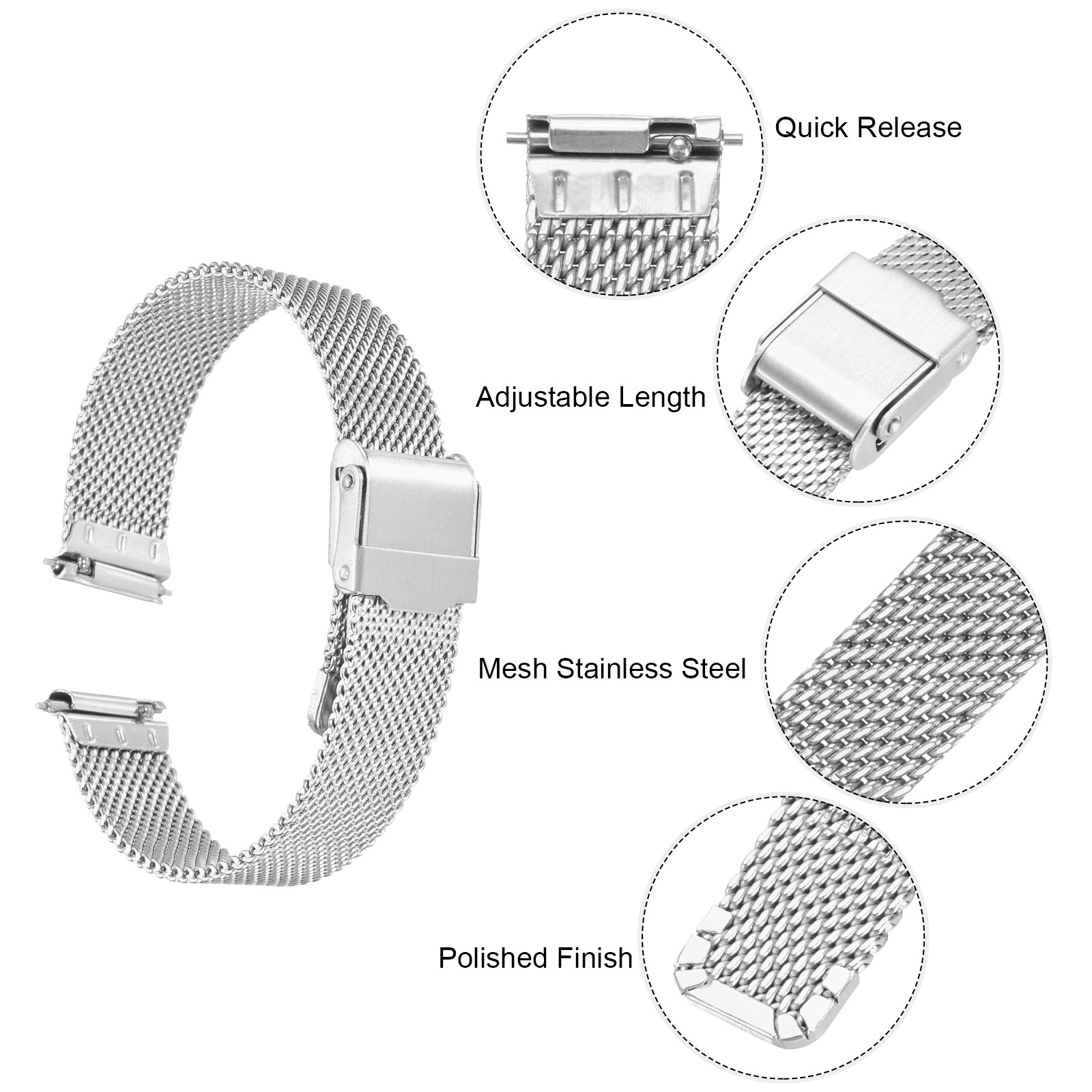 316 Stainless Steel Mesh Watch Band 15mm Quick Release Adjust Strap Silver