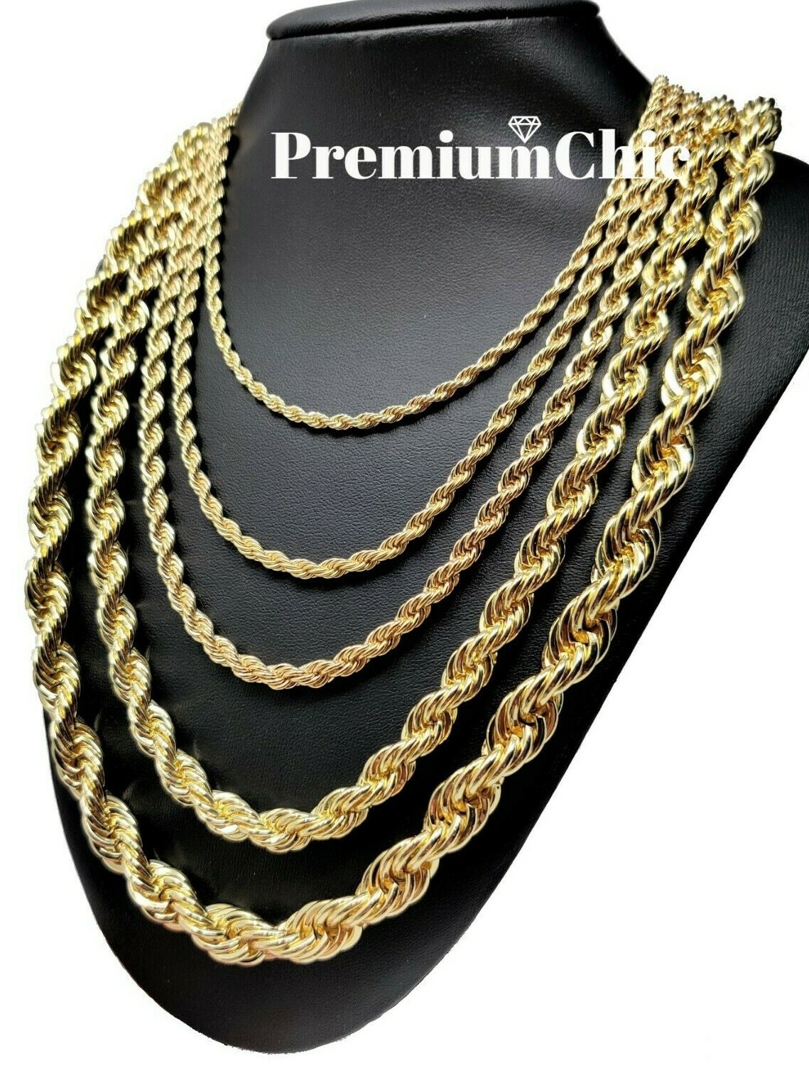 Rope Chain Necklace 3mm to 10mm 16″ to 30″ 14K Gold Plated Mens Hip Hop Jewelry