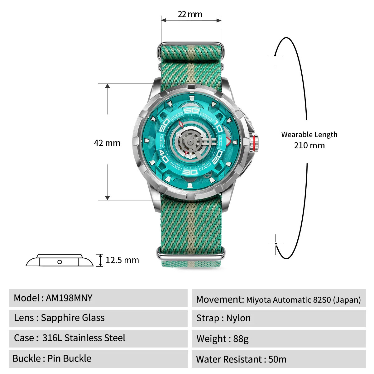 BERNY Automatic Men’s Skeleton Watch 5ATM Luminous Sapphire