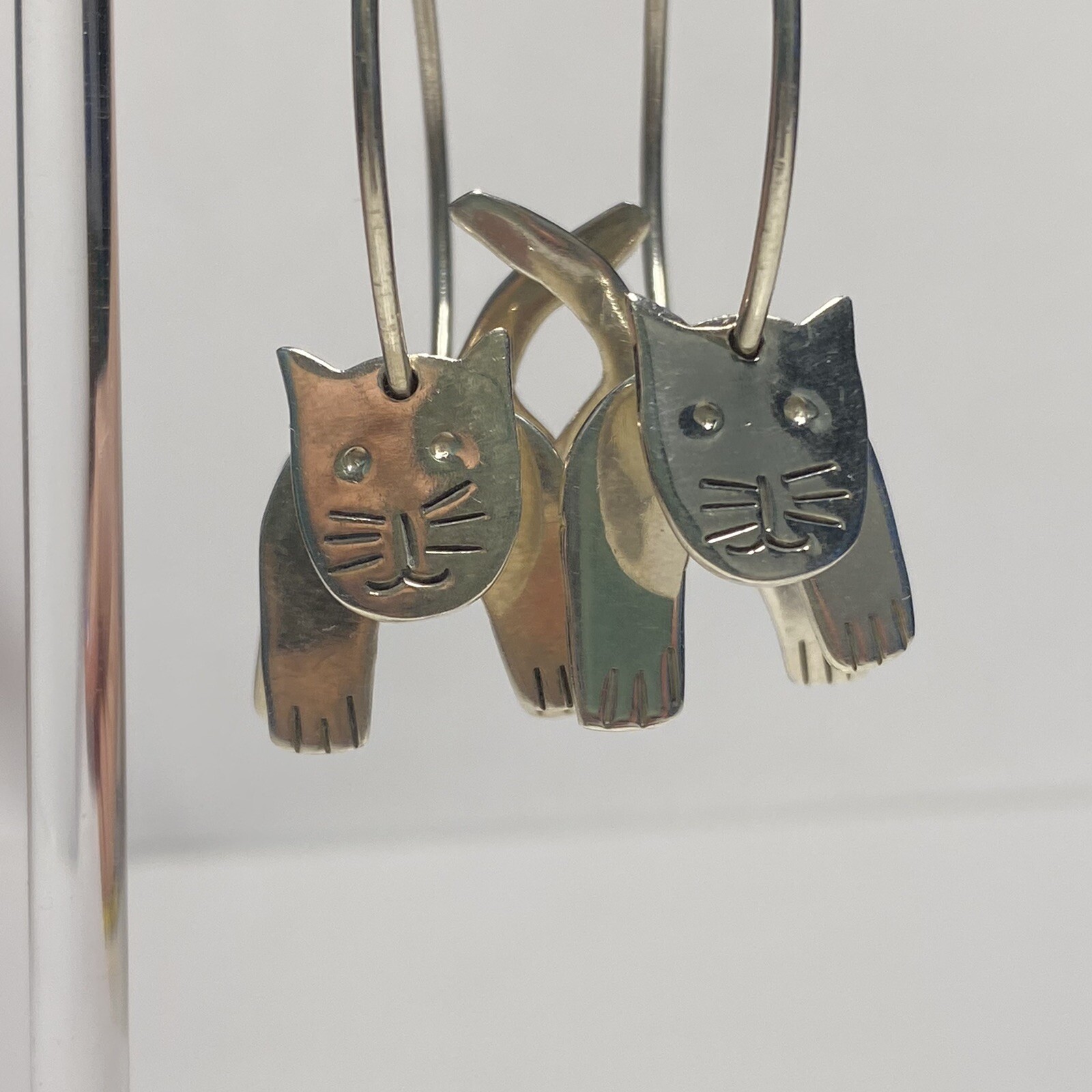 Sterling Silver Dangle Cat Earrings, 15.4 Grams, 2″ Three Piece Cat on Hoop