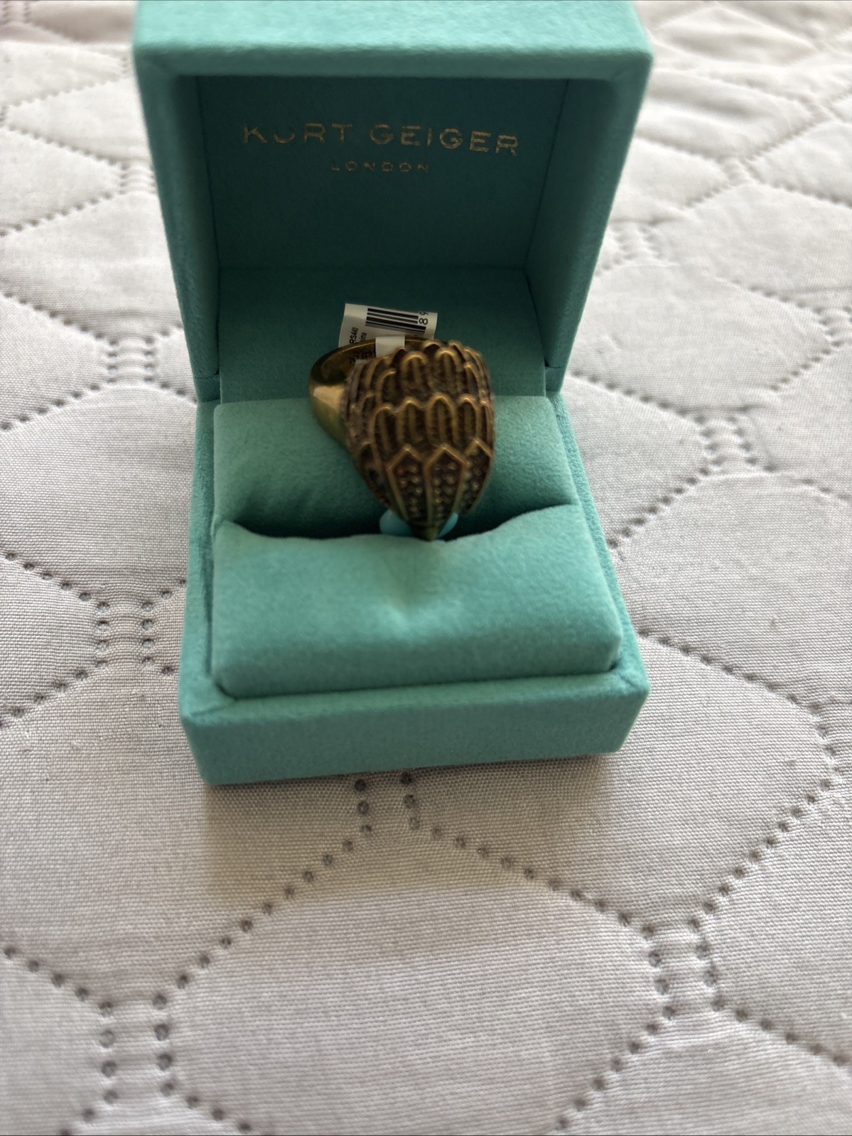KURT GEIGER LONDON ANTIQUED GOLD TONE EAGLE HEAD RING TURQUOISE 9 New In Box