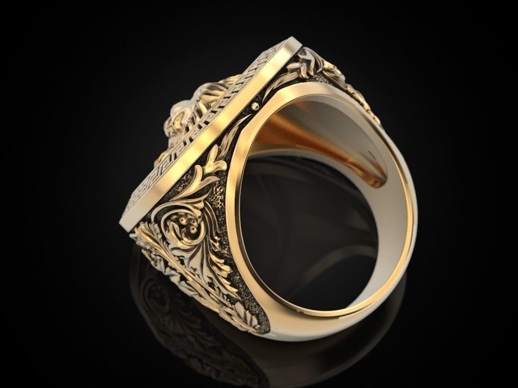Oxidized Men’s Greek Ornament Pattern Lion 925 Sterling Silver Statement Rings