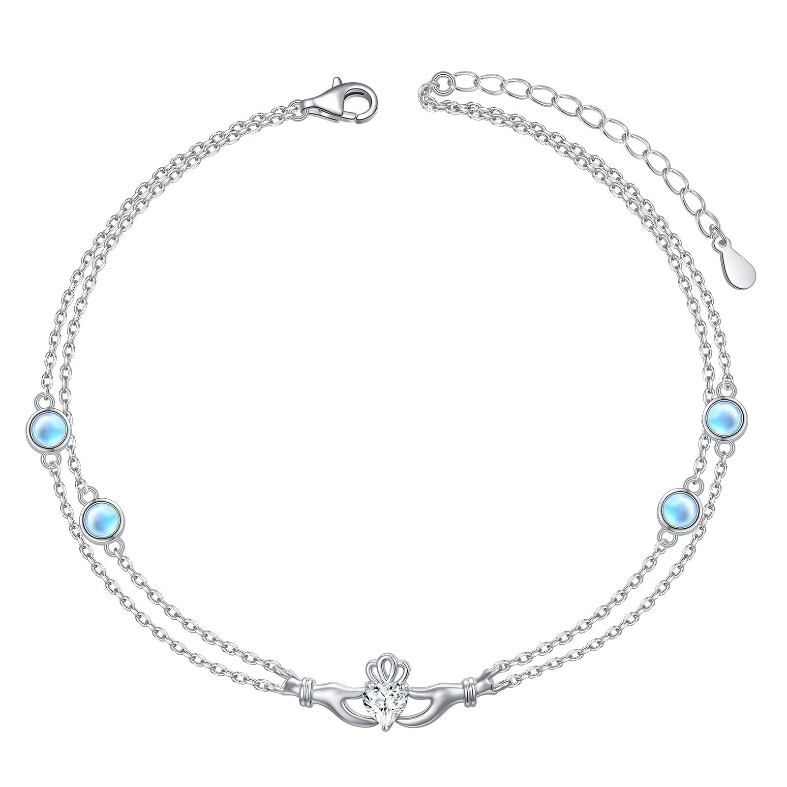 Women 925 Sterling Silver Layered Ankle Bracelet Moonstone Claddagh Adjustable