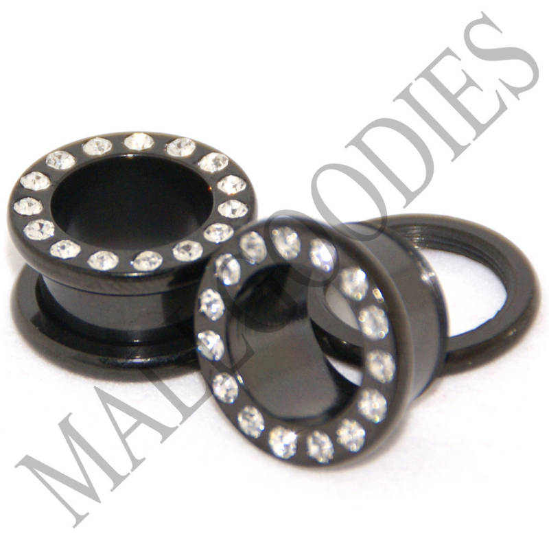 V009 Steel Screw-on/fit Black CZ Flesh Tunnels Ear Plugs 10G ~ 1″ Gauges PAIR