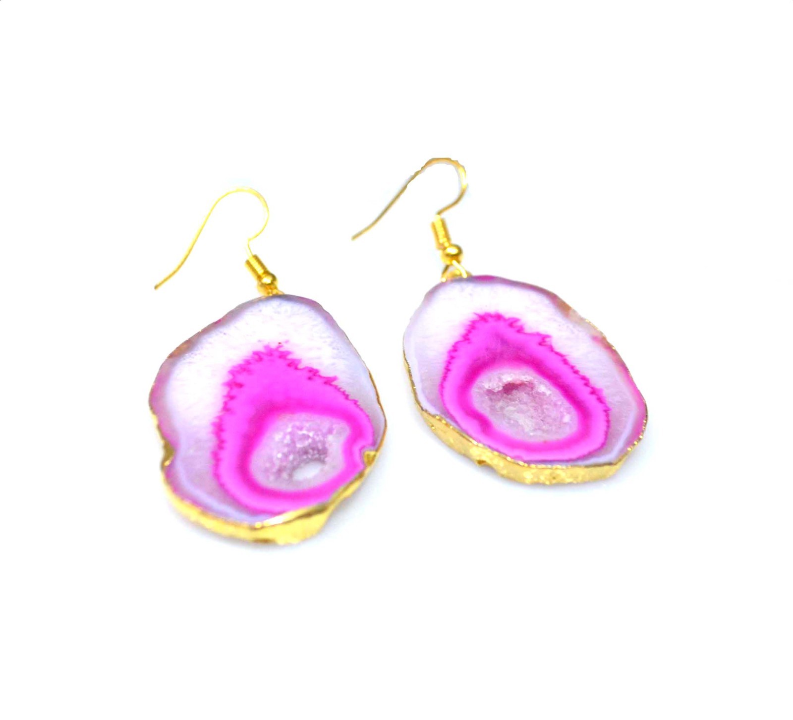 88 Cts. Electroformed Gold Plated Pink Geode Agate Druzy Earrings-A700