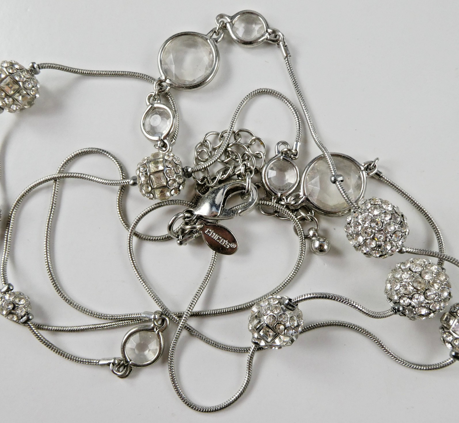 Pretty CHICO’S Silver Tone Crystal Rhinestone Ball Bead Long Strand Necklace
