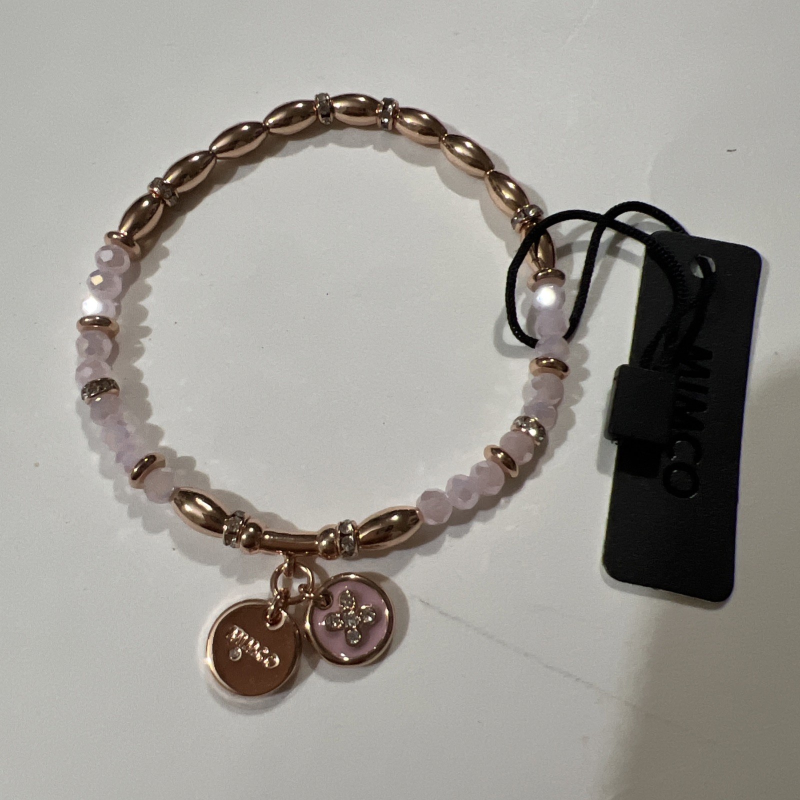 Mimco Ecliptic Bracelet Rose Gold Tone Plating Glass Crystals Beads Charms