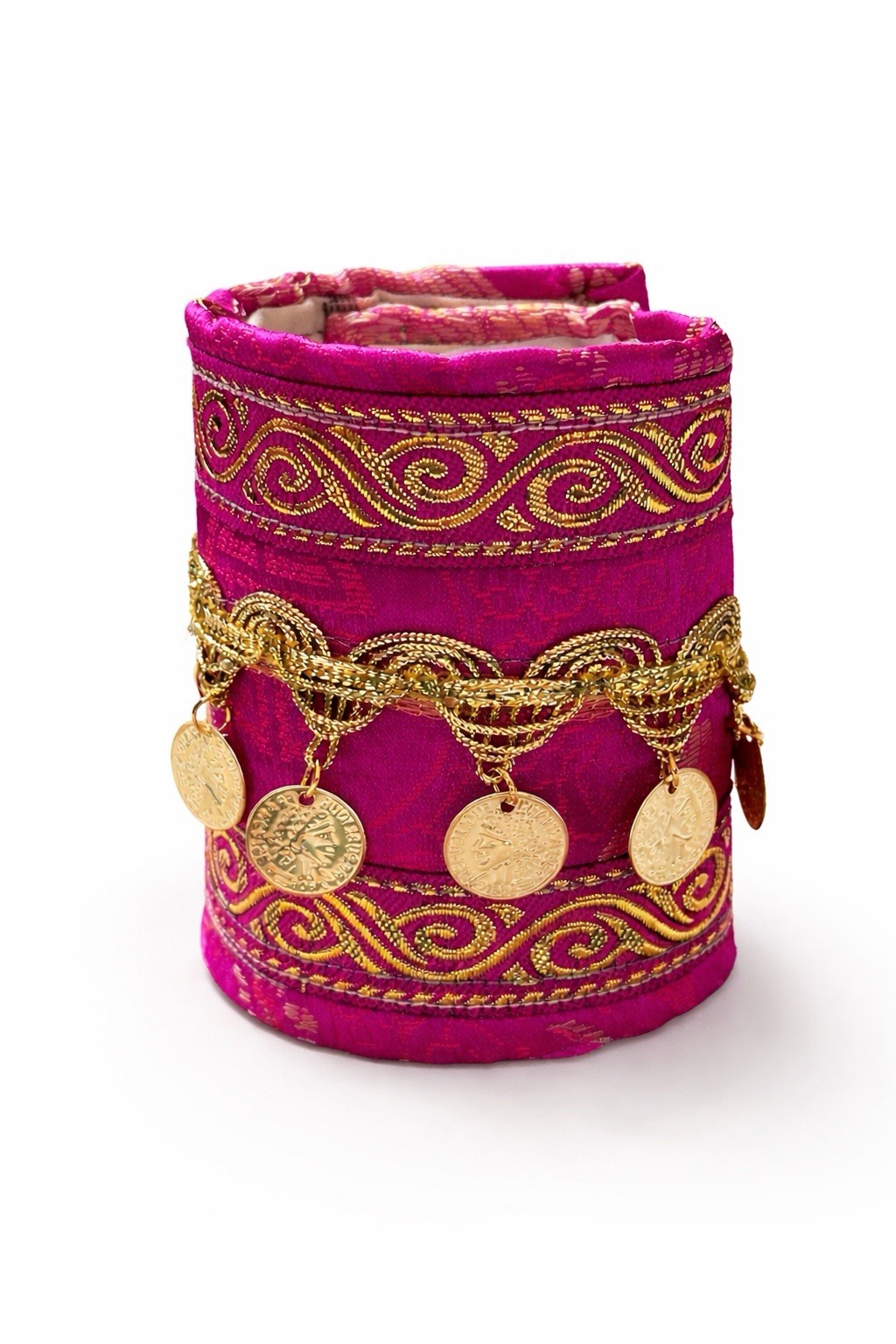 Artisan Fuchsia and Gold Coin Cuff Bracelet Adjustable Wrist Jewelry Art Signed