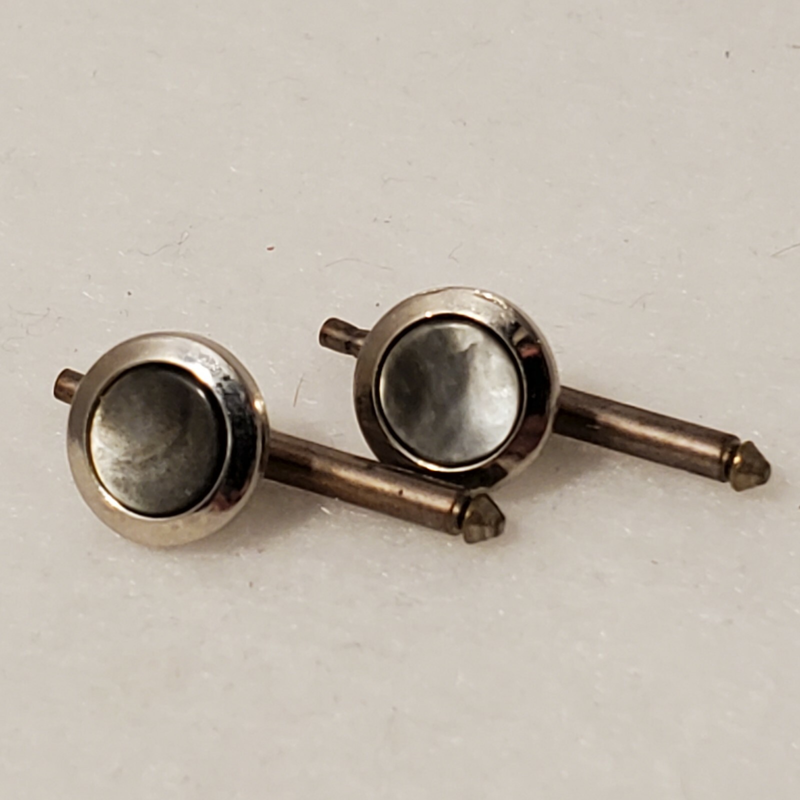 vtg cufflinks round pearlescent stone gray grey pull out pin about 1 inch long