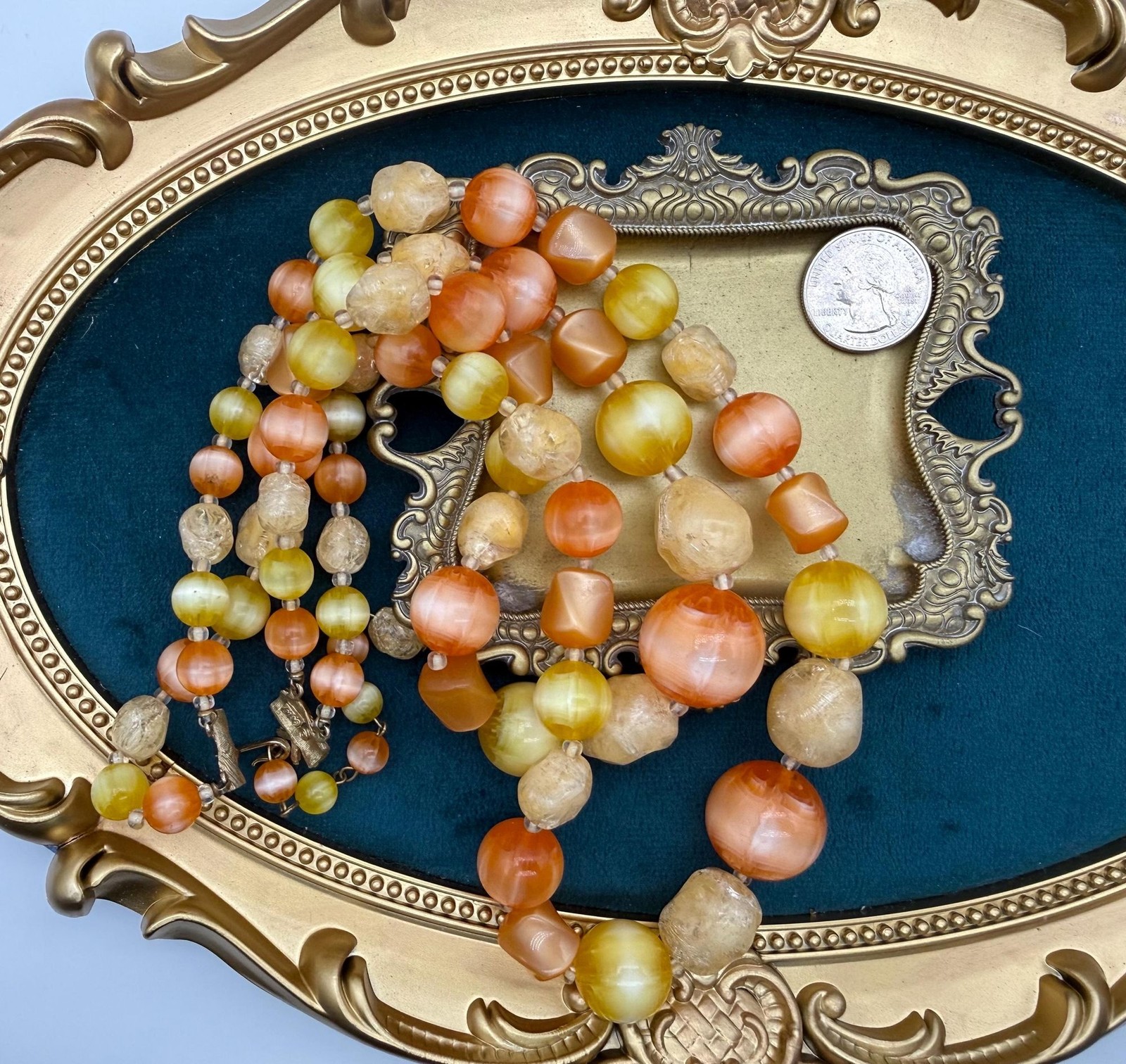 Vintage Coro Moonglow Lucite Necklace, 1950s Fruit Salad Beads, Orange Yellow Bu