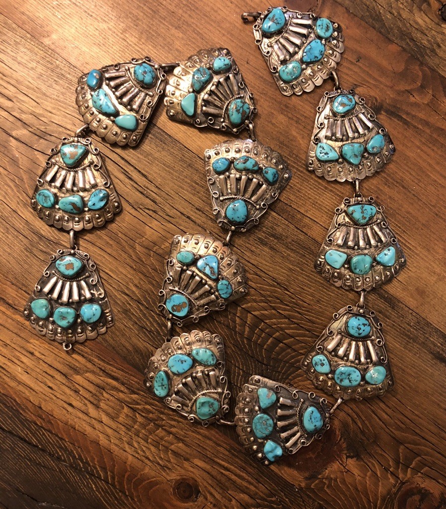TAIL FEATHERS CONCHO BELT William Singer Navajo Sterling Turquoise 504g 38.5”