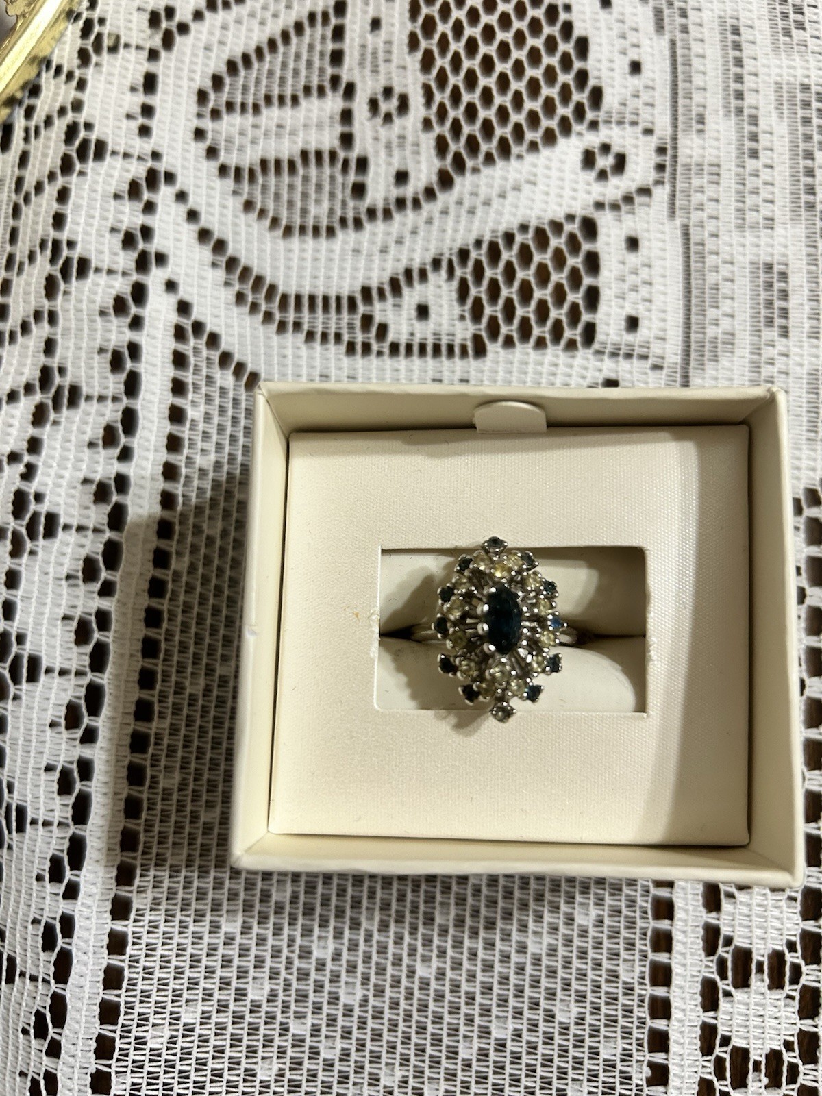 Vintage Art Deco Style Marquise Cut Blue Sapphire and rhinestones 18 kHGE Sz8