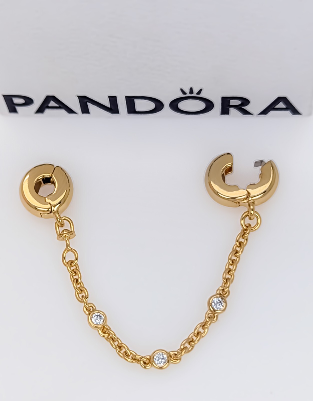 New 100% Authentic PANDORA 14k Gold Pl Triple Clear Stone Safety Chain 763515C01