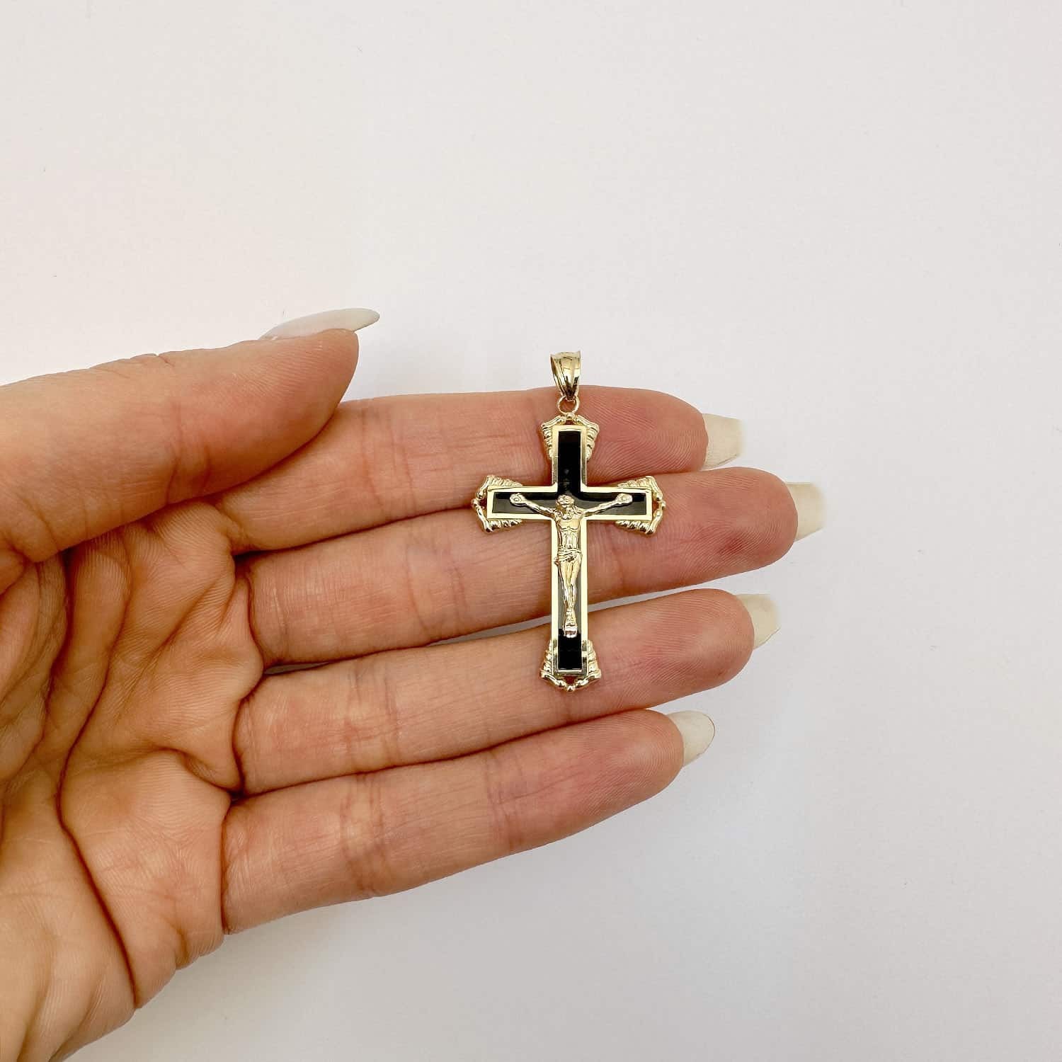 14K Gold Black Religious Crucifix Cross Pendant 1.6″