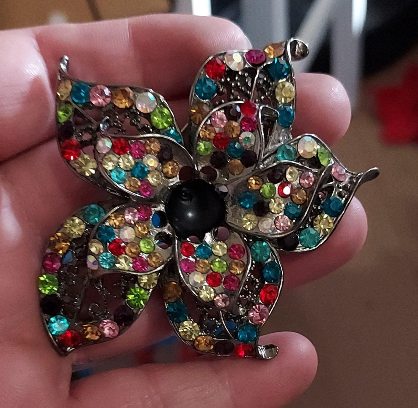 Multicolor Rhinestone Flower Brooch Pin Silver Tone Metal Floral Theme