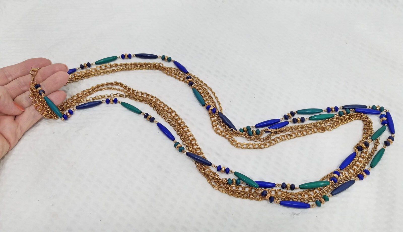 Antiqued Gold Tone Chain Link With Blue & Green Oval Tubular Bead Long Necklace