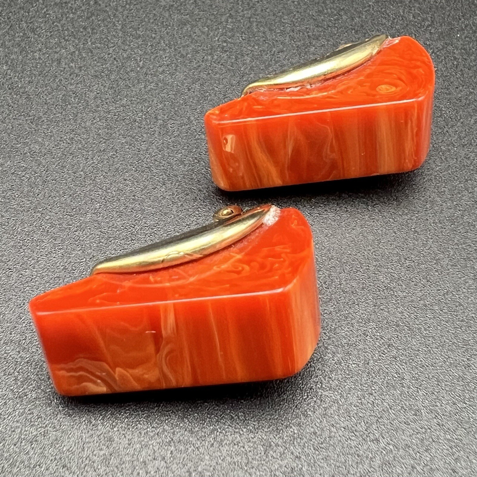 Vintage MCM Mod Blood Orange Bakelite Wedge Clip-on Earring Set Dress Shoe Clips