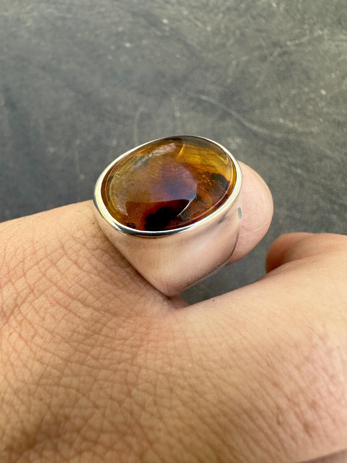 Large Genuine Baltic Amber Stone Mens Real Solid 925 Sterling Silver Signet Ring