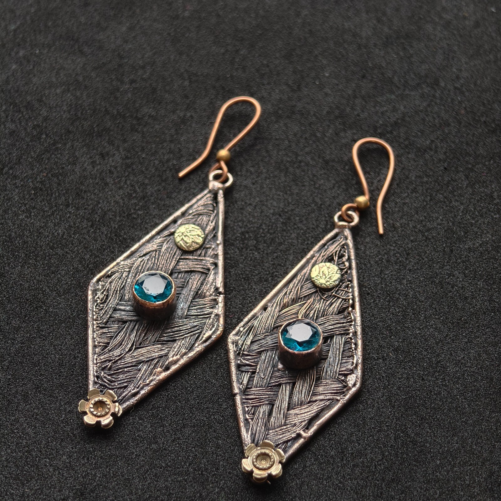 Boho Copper Wire Wrapped Earrings, Rhombus Mixed Metal Blue Crystal Dangle