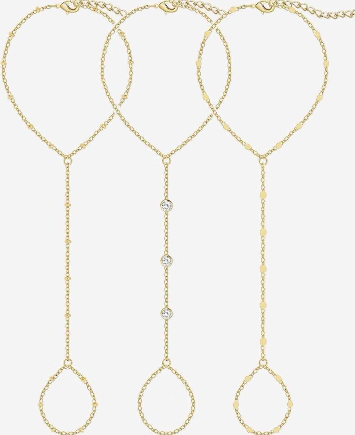 Gold Tone Hand Chain Bracelet + Finger Ring Clear CZ Cable Adjustable Lobster