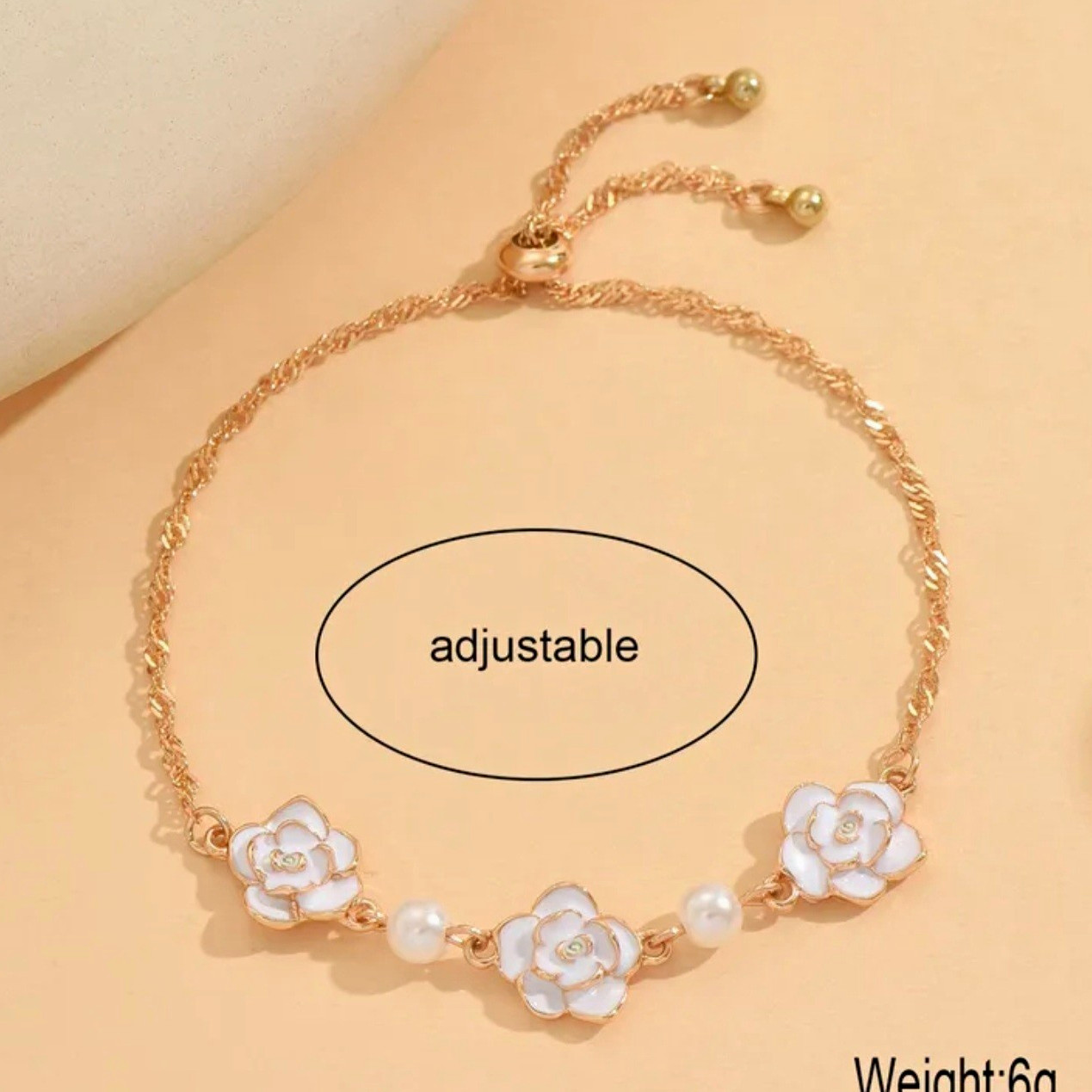 Gold Tone Adjustable Chain Bracelet w/ White Flower Charms & White Pearls