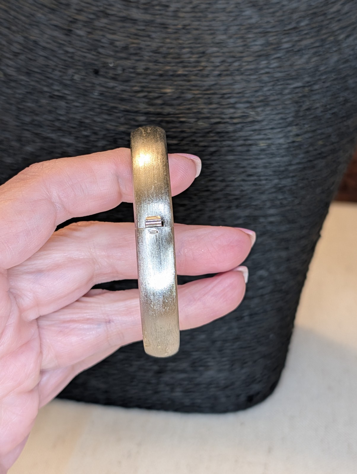 Vintage Silver Tone Hinged Bangle Bracelet Brushed Satin Clamper Minimalist 7”