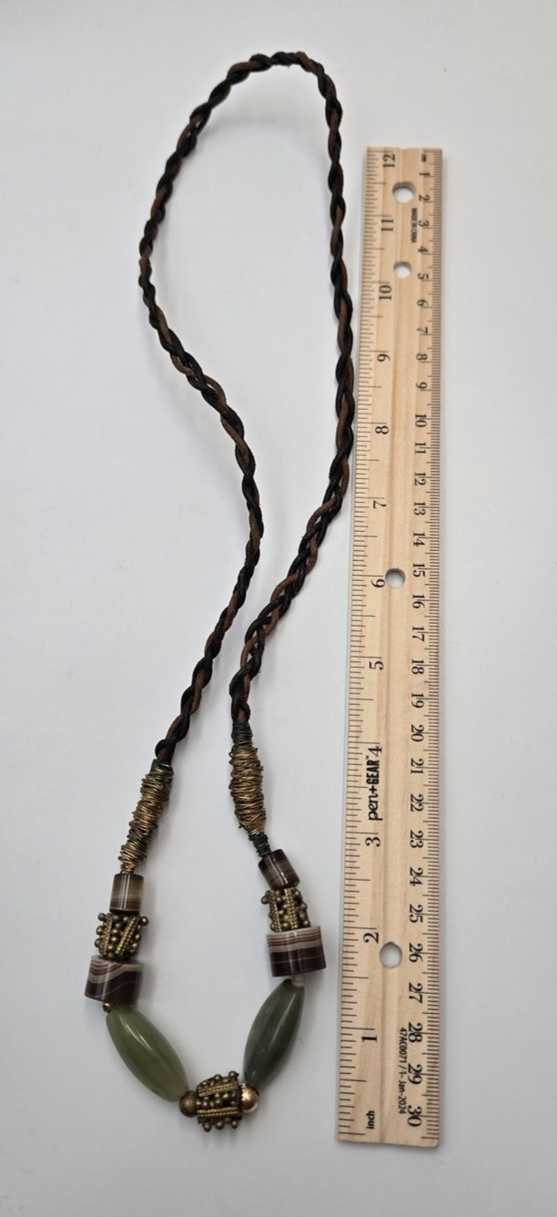 Boho Banded Agate style Brass color Beaded Braided Necklace western tribal 134