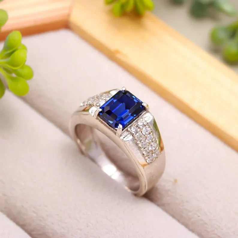 Solid 925 Sterling Silver Emerald Cut Blue Sapphire Ring Men’s Engagement Gift