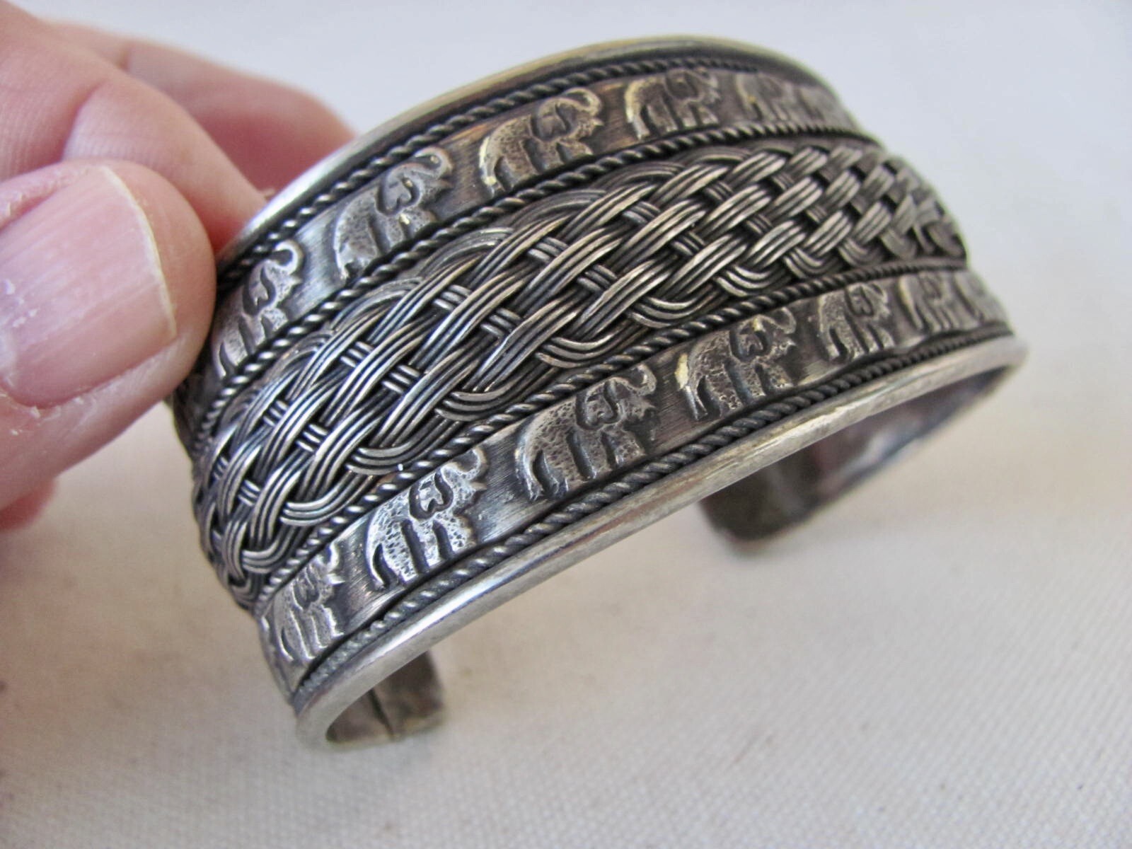 Vintage Silver Alloy Wide Band Bracelet from Southeast Asia