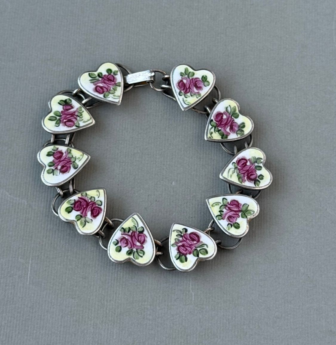 Vintage Bracelet Sweetheart Enamel Hearts Roses Bliss Bros 6.85″