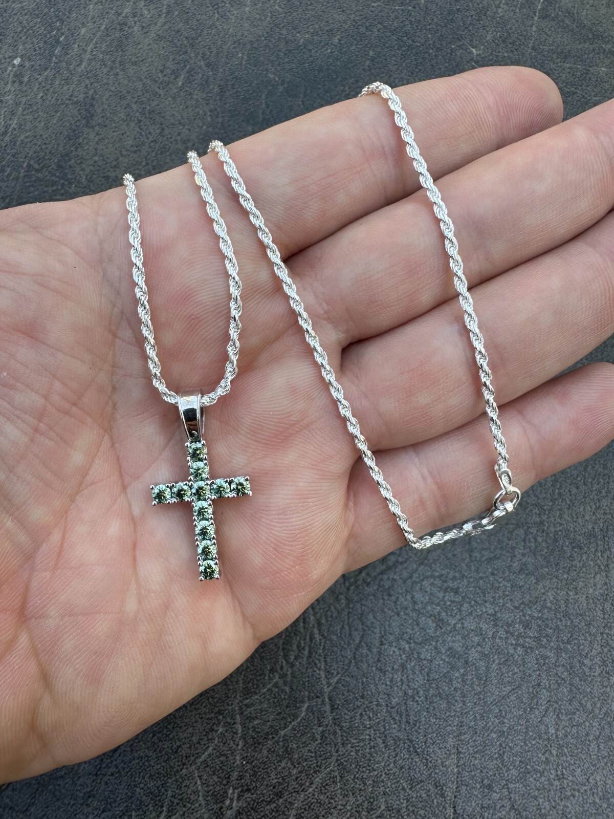 Green Blue MOISSANITE Real 925 Silver Tennis Cross Iced Pendant Necklace Hip Hop