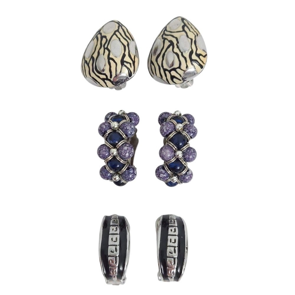 Silver Black Blue Ivory Hoop & Beaded Clip Earrings (Set of 3)