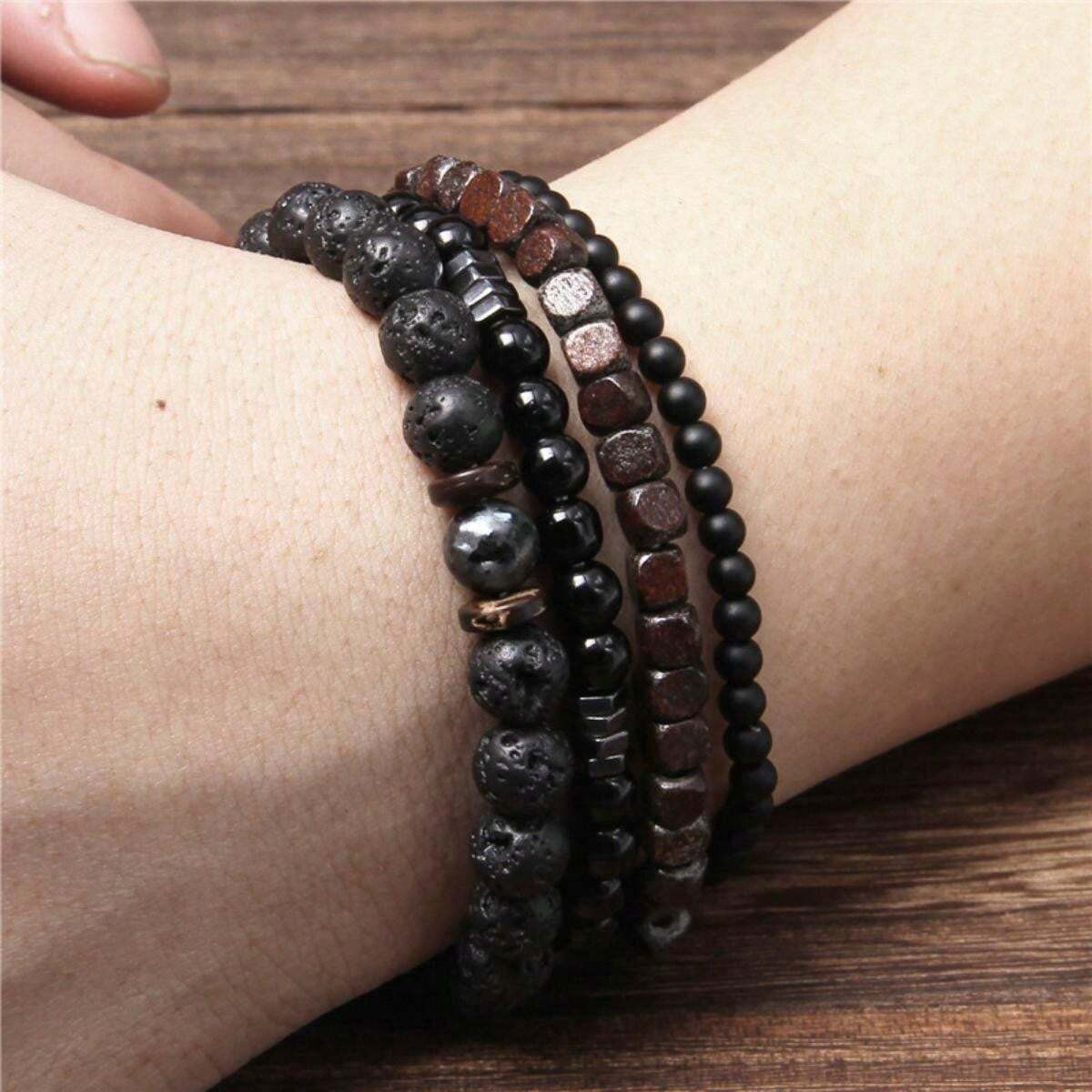4pcs/Set Casual Style Black Lava Bead Bracelets For Daily Wear Women Men Gift US