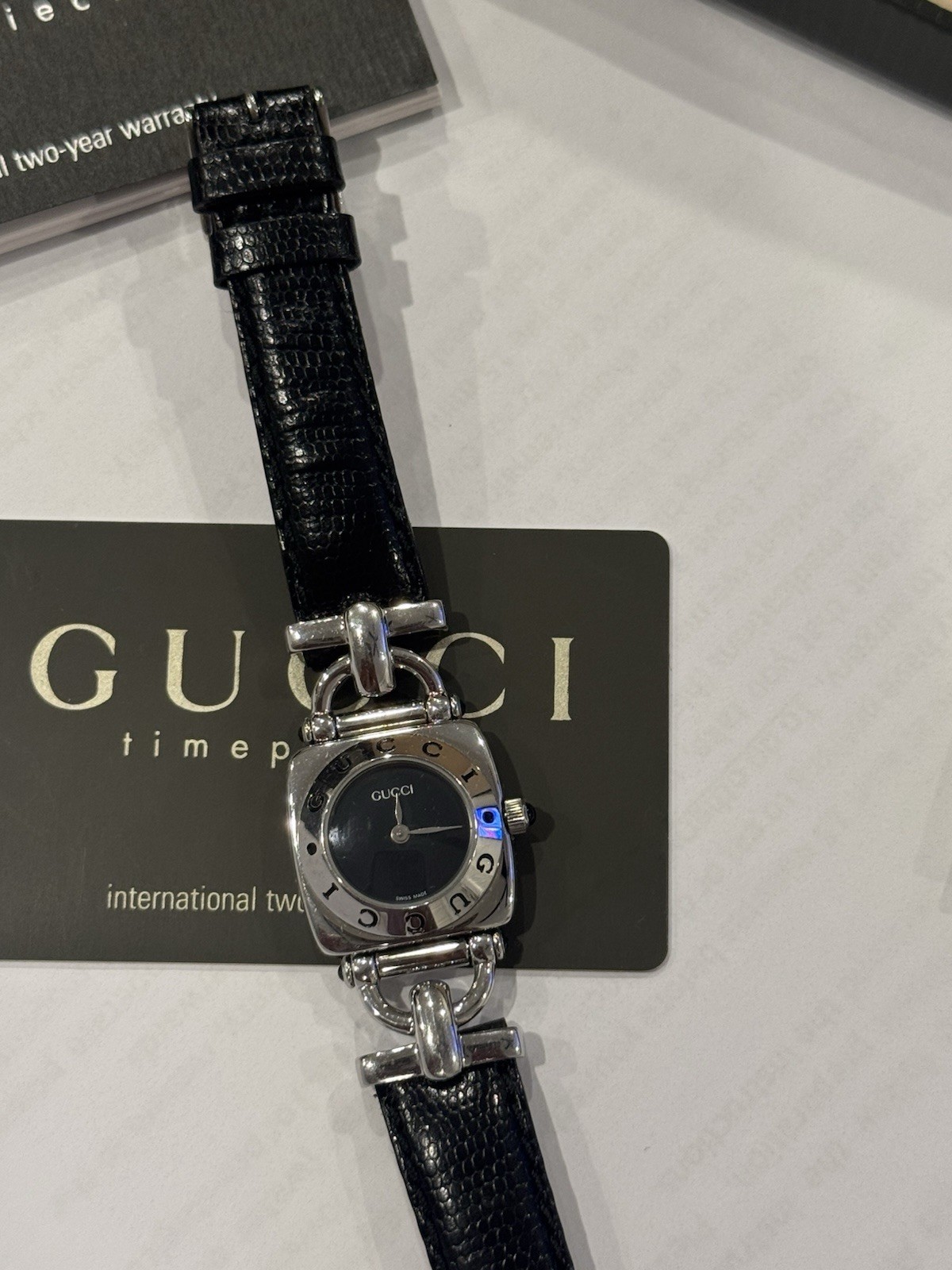 Vintage Gucci Silver and Black Round Dial Link Bracelet Watch with Box & Papers