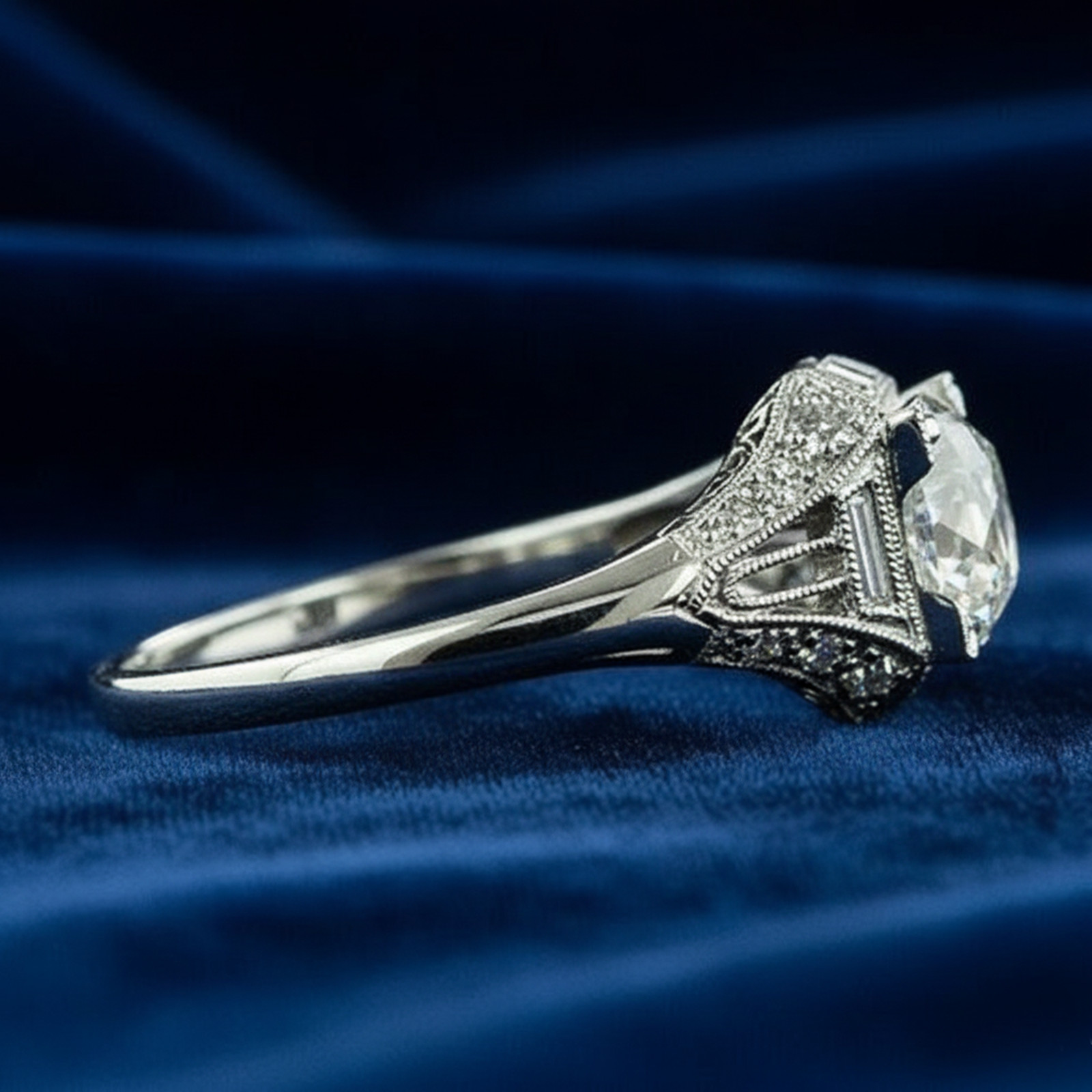 Old European Cut Simulated Diamond 14K Gold Vintage Style Milgrain Wedding Ring