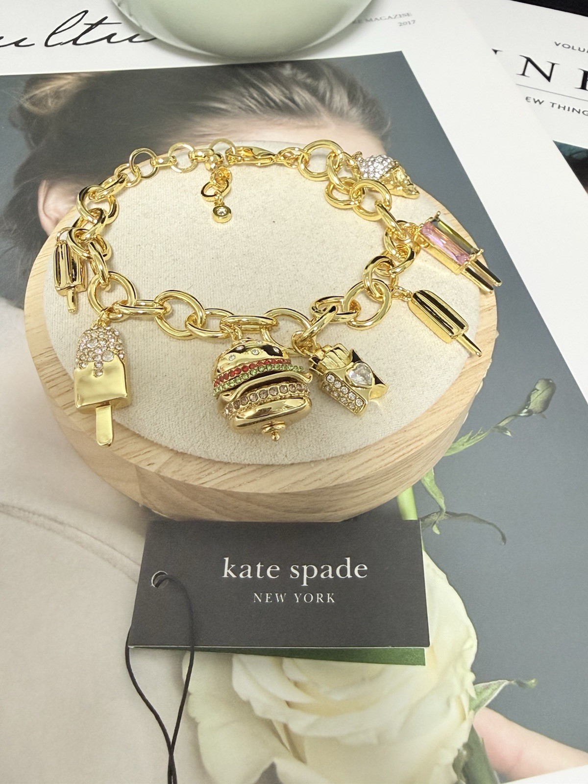 Kate Spade FAST FOOD CHARM Gold Plated Brass CZ Crystals Charm Bracelet