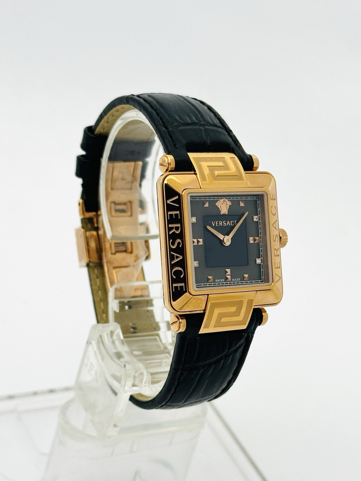 Versace Women’s 88Q80SD008S009 Rêve Carré Diamonds Black Leather Strap Watch 88Q