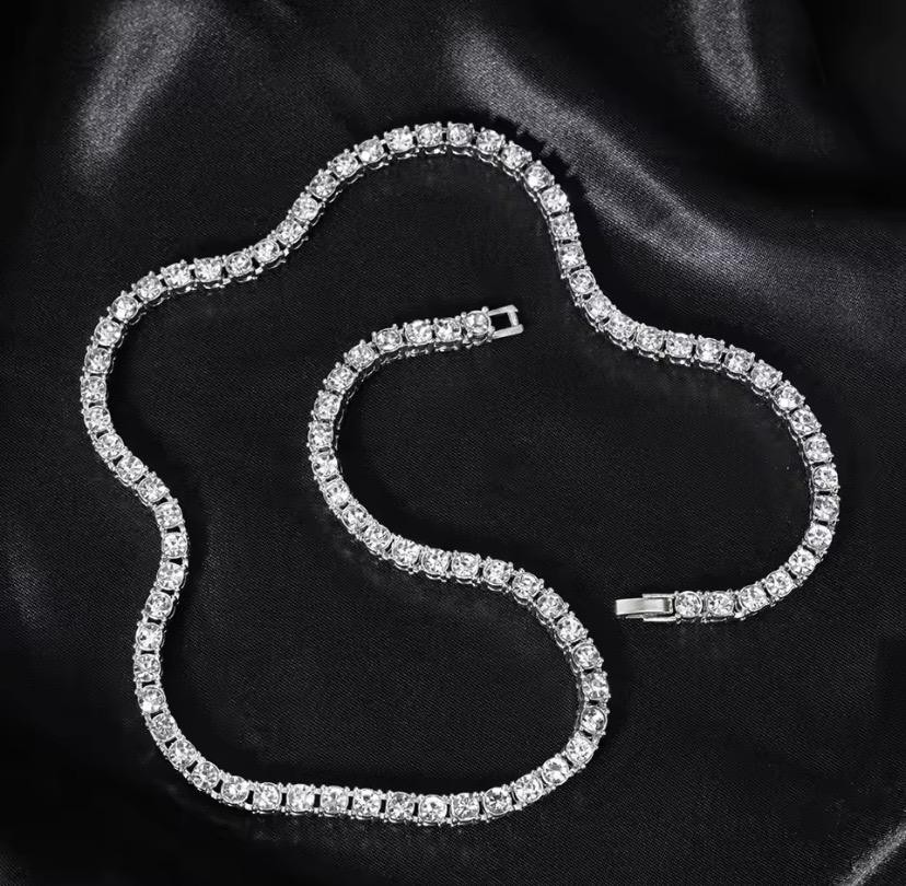 Hip Hop Tennis Chain Necklace 5MM Silver-Tone Rhinestone Choker 20in Unisex