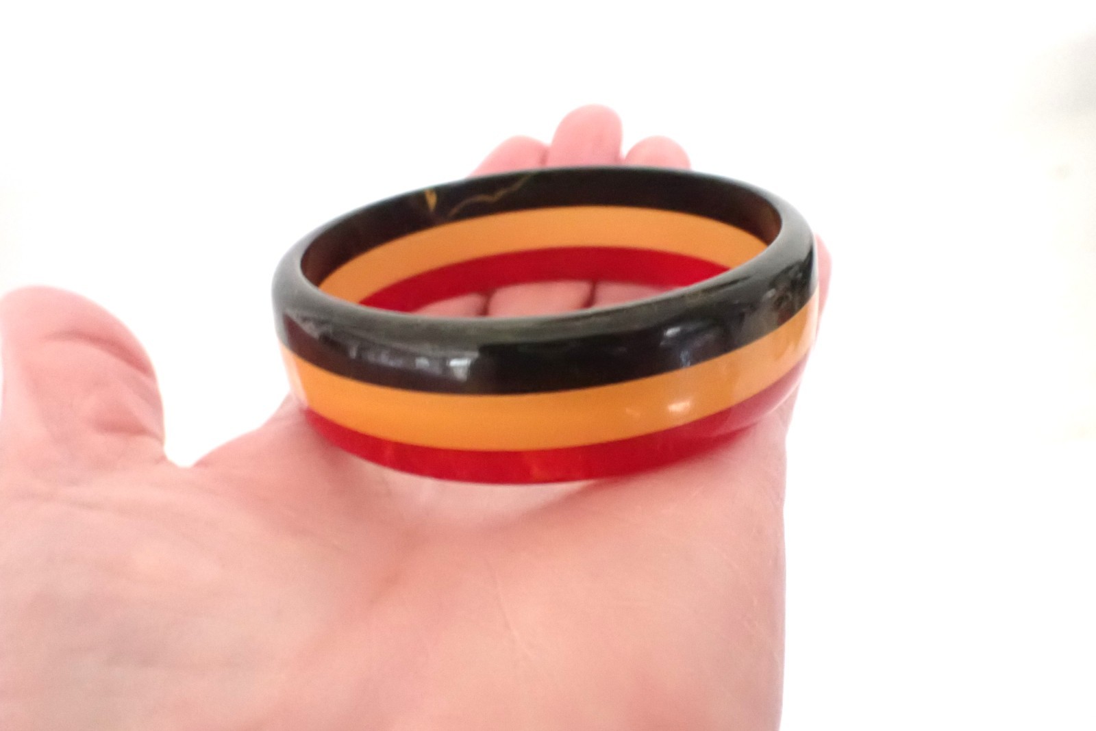 Vintage 3 Color Striped Laminated Bakelite Bangle Bracelet Black Yellow Red