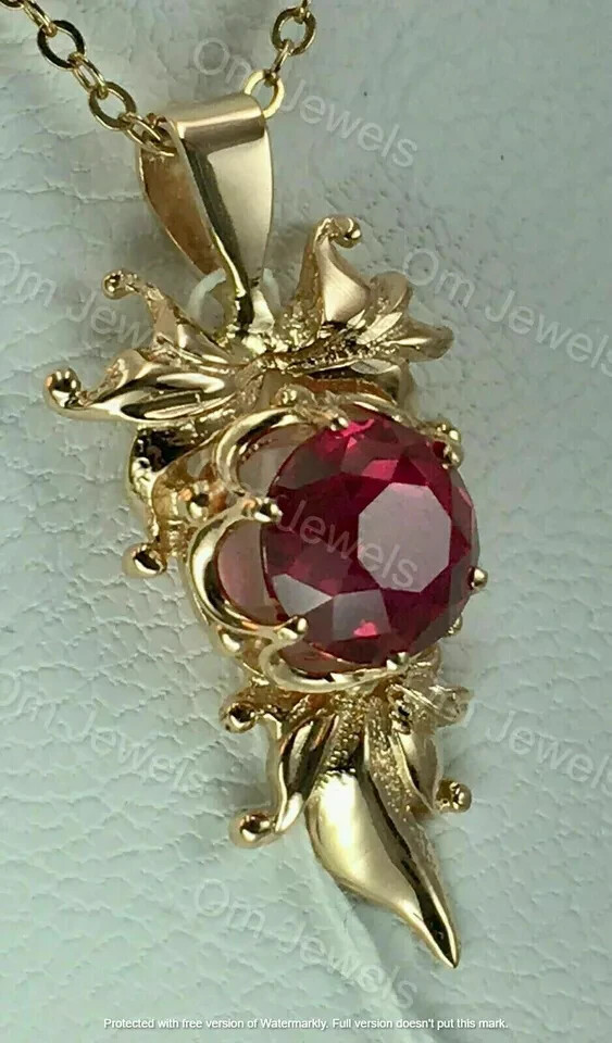 1.20Ct Round Red Ruby Pendant 14K Yellow Gold Finish 18” Free Chain