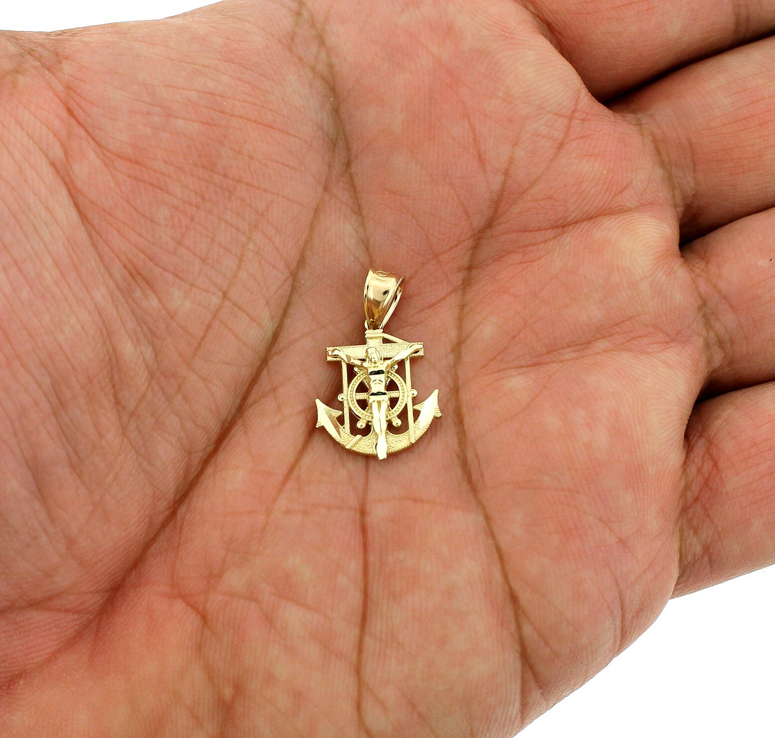 Real 10K Yellow Gold Small Anchor Cross Pendant Diamond Cut Jesus Crucifix Charm