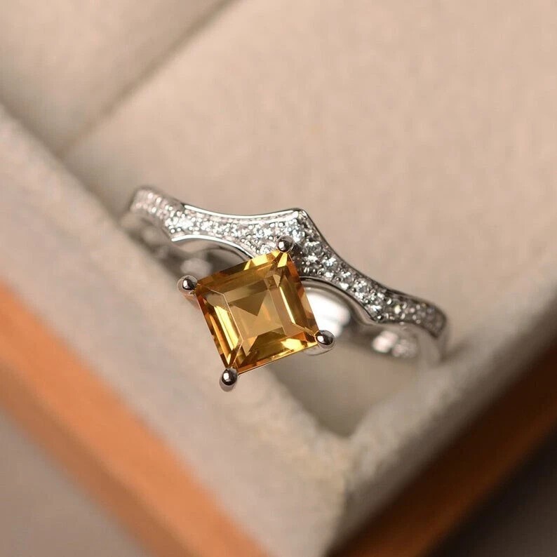 1.42 Ct Princess Cut Natural Citrine Diamond Engagement Ring 14K White Gold