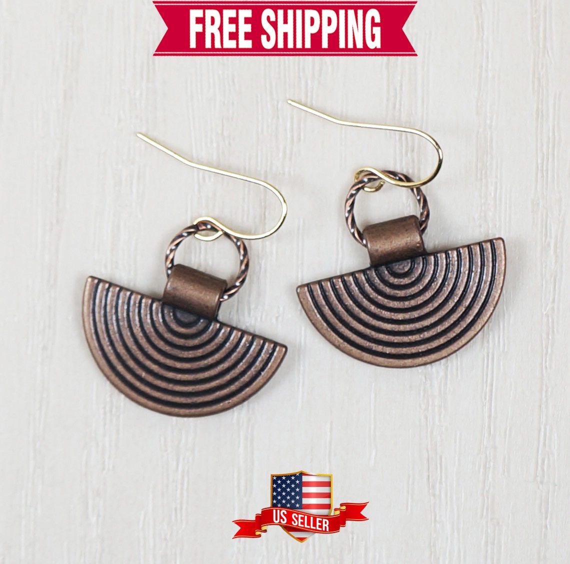 Cute Copper Drop &Twisted Copper Ring Everyday Minimalist Earrings 18K Ear Wires