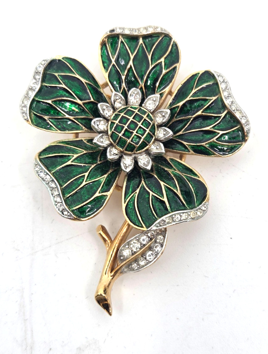 Vintage Crown Trifari Alfred Phillippe Green enamel & Rhinestone Flower Brooch