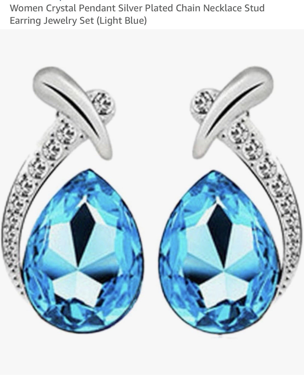 Crystal Teardrop Pendant Necklace & Stud Earrings Set, Silver Plated Light Blue
